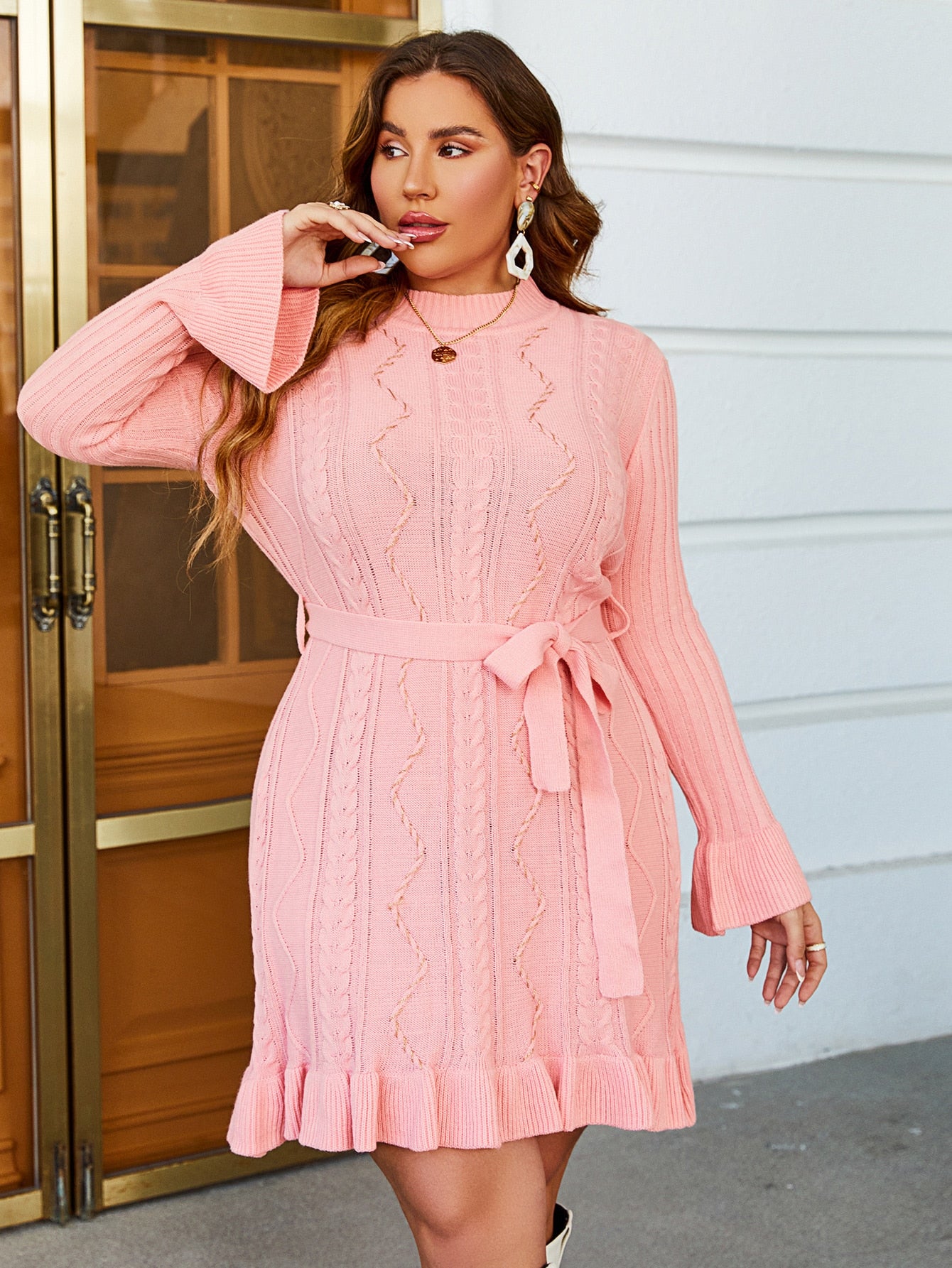 Pink Knitted Ruffle Lace Sweater With Belt Dress