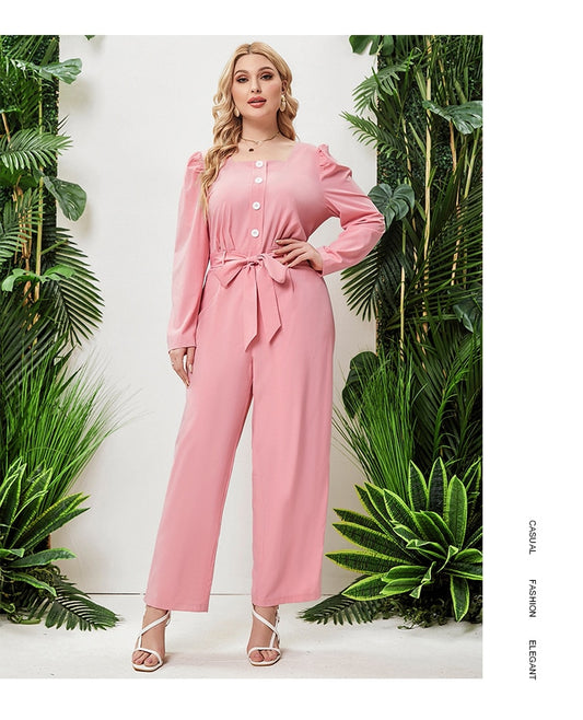 Elegant O-Neck Pink Tie Belt Button Down Fashion Long Sleeve Commuter Jumpsuit