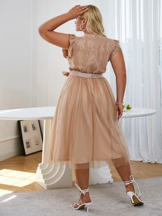 Sleeveless Lace Tulle Ruffle Mesh Elegant Dress With Belt