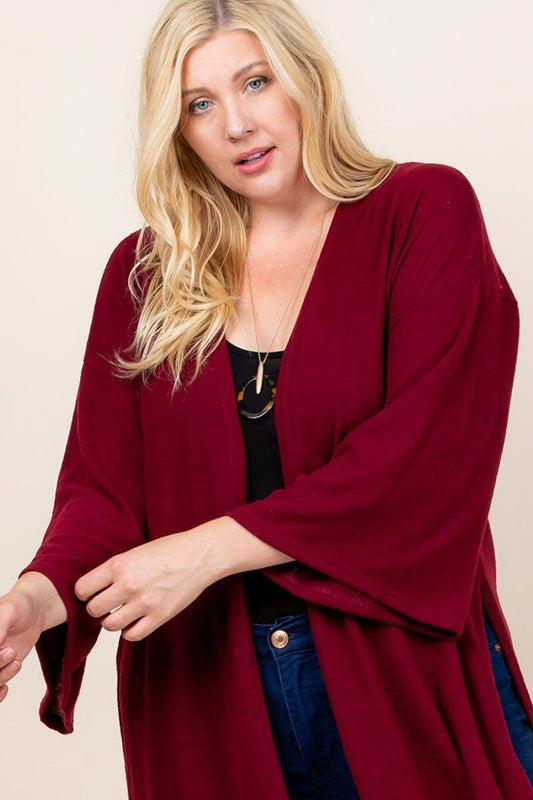 Plus Size Solid Hacci Brush Open Front Long Cardigan With Bell Sleeves