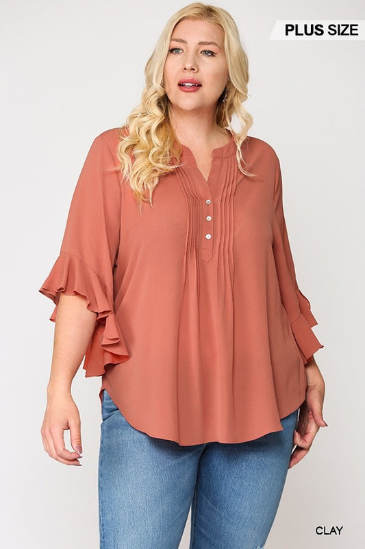 Bubble Crepe Ruffled Sleeves Pintuck Top