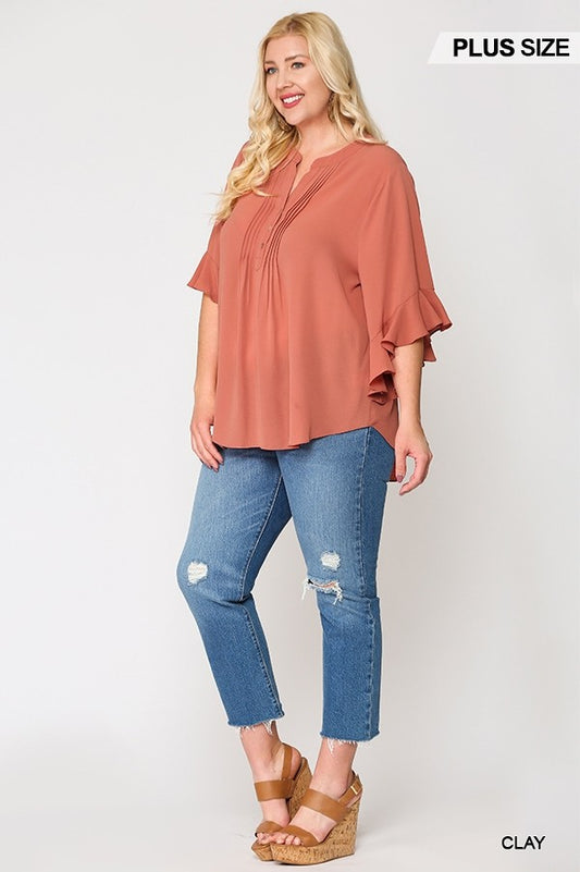 Bubble Crepe Ruffled Sleeves Pintuck Top