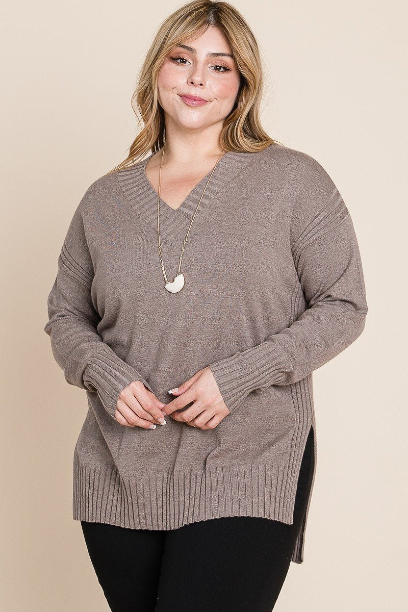 V Neck High-Low Two Tone Sweater