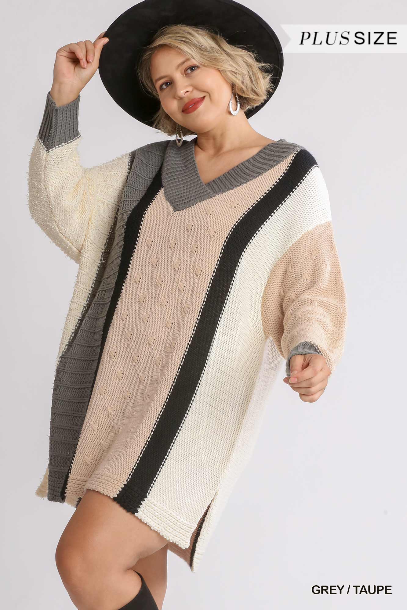Multicolor Bouclé V-neck Pullover Sweater Dress With Side Slit