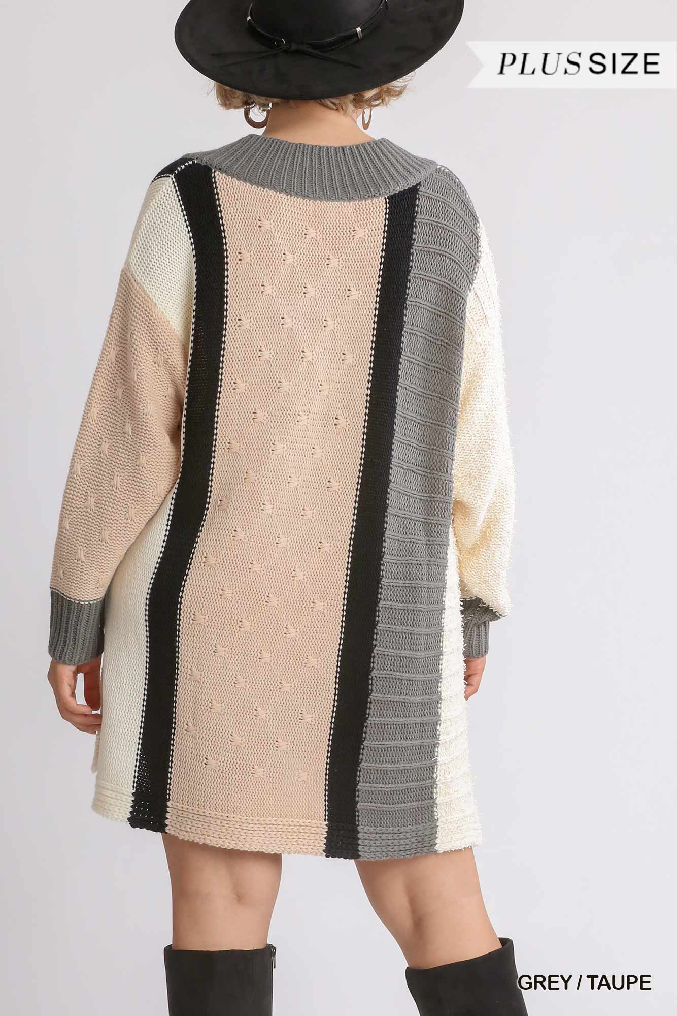 Multicolor Bouclé V-neck Pullover Sweater Dress With Side Slit