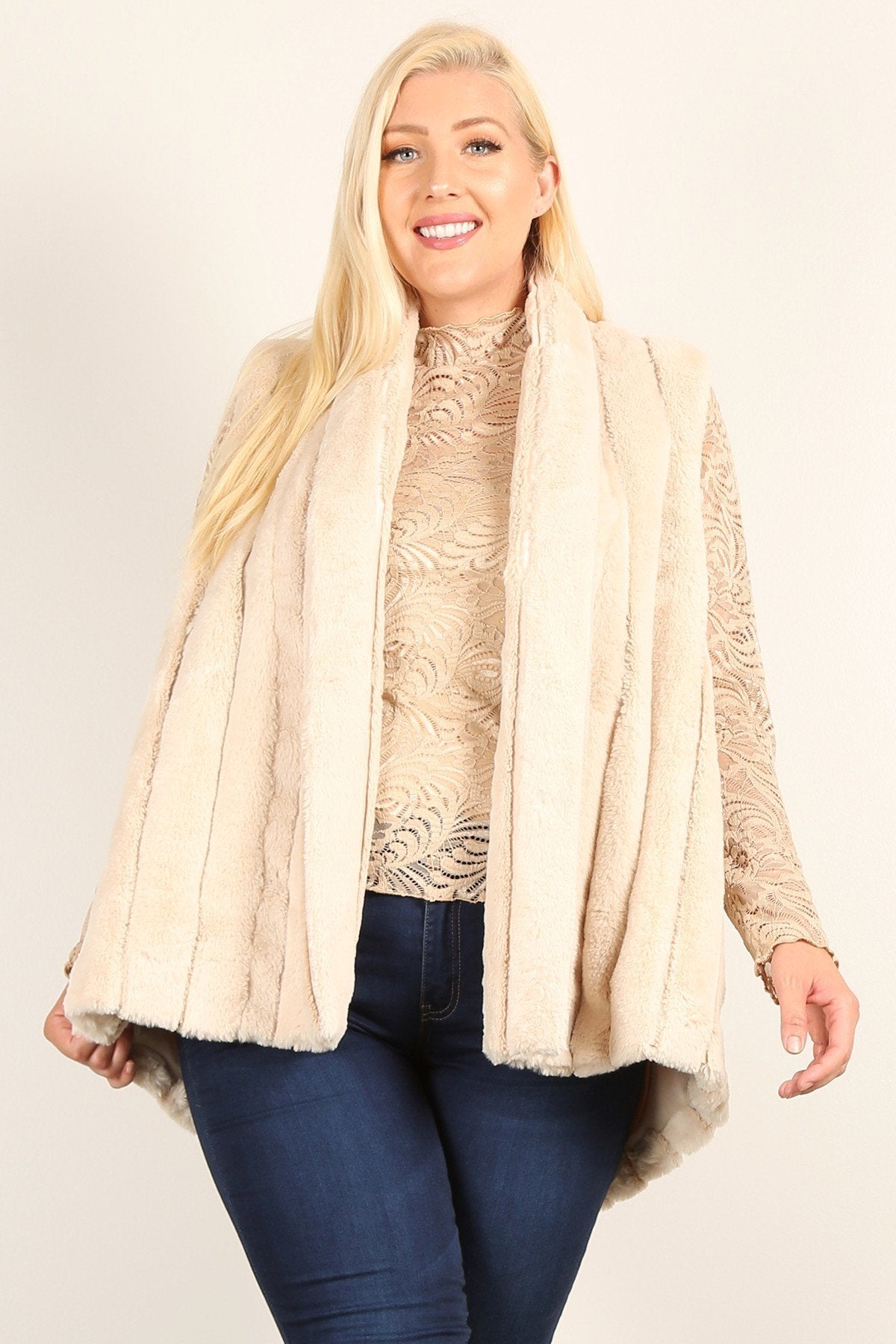 Faux Fur Vest Jacket With Open Front And Pockets