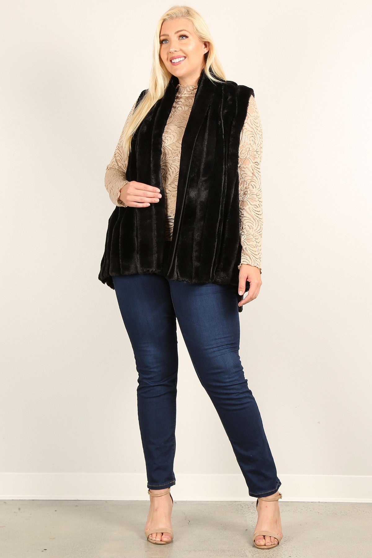 Faux Fur Vest Jacket With Open Front With Pockets