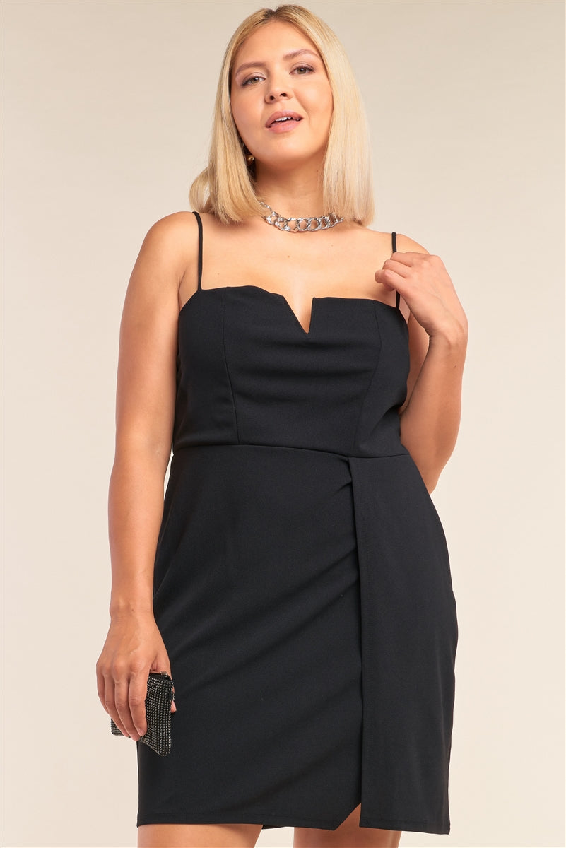 Black Sleeveless V-shaped Detail Side Slit Mini Dress
