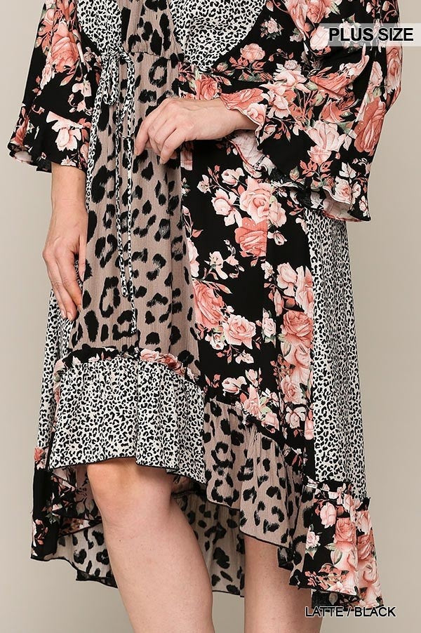 Leopard And Floral Mixed Print Midi Dress With Waist Tie