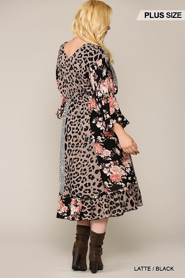 Leopard And Floral Mixed Print Midi Dress With Waist Tie