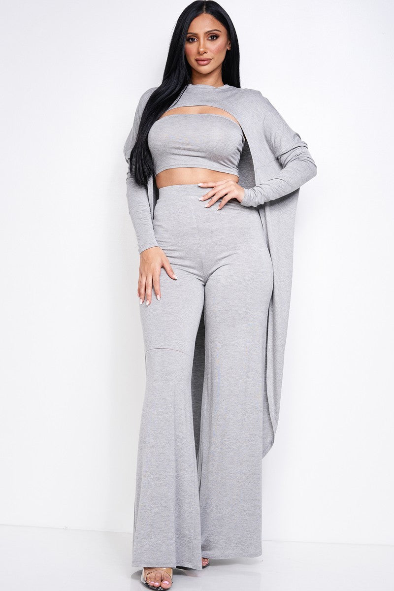 Rayon Spandex Tube Top, Long Sleeve Cape Top And Wide Leg Pants 3 Piece Set