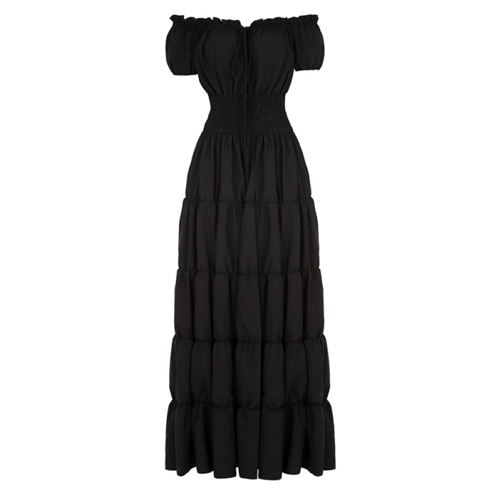 Petticoat Short Sleeves Off Shoulder Smocked Waist Retro Pleated Maxi Dress