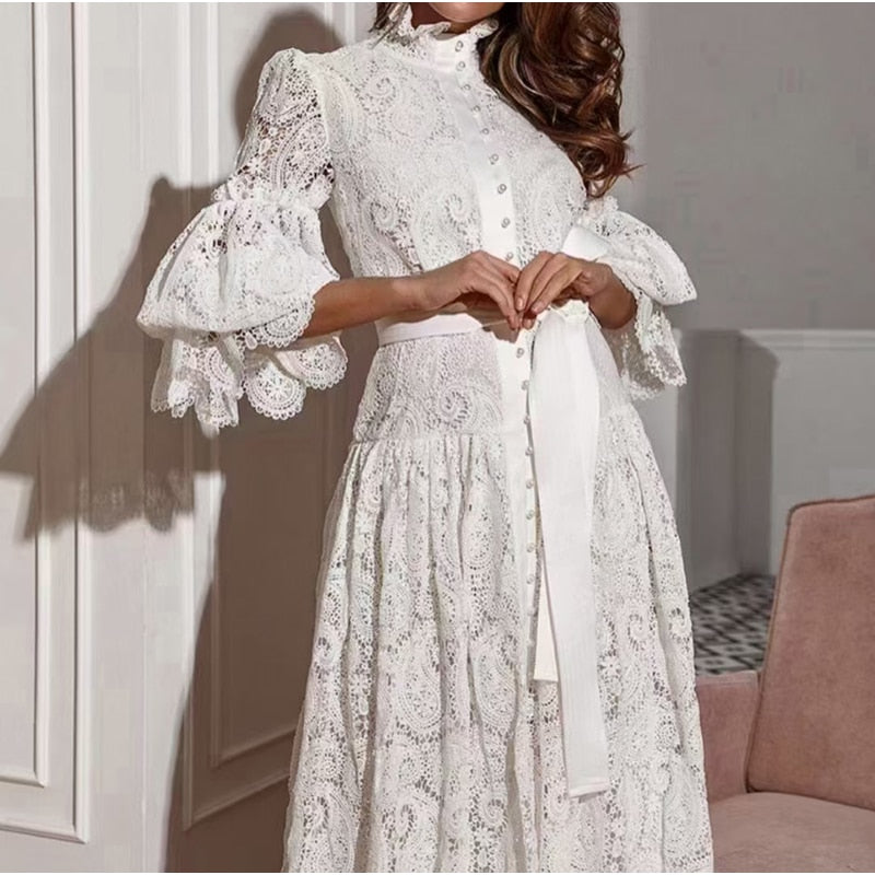 Lace Long Hollow Out Single Breasted Long Sleeve Maxi Dress