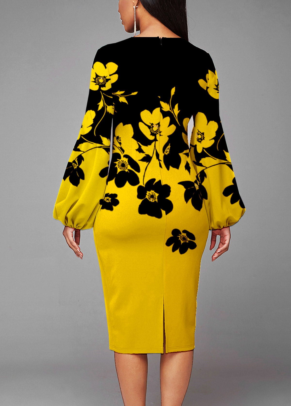 Round Neck Puff Sleeve Floral Print Midi Dress