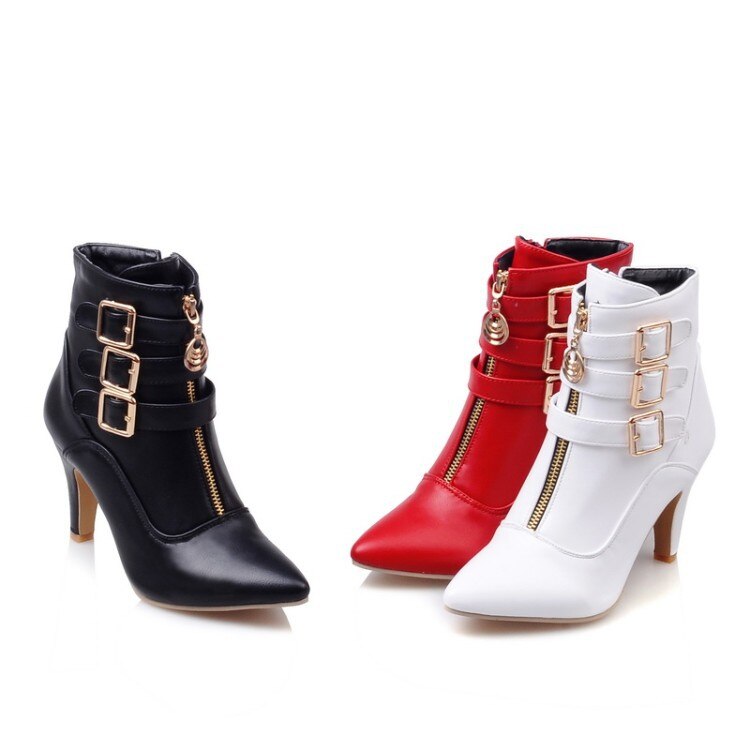 Pointed Toe High Heels Zip Up Ankle Boots