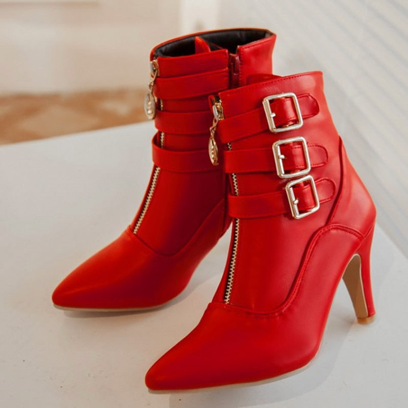 Pointed Toe High Heels Zip Up Ankle Boots