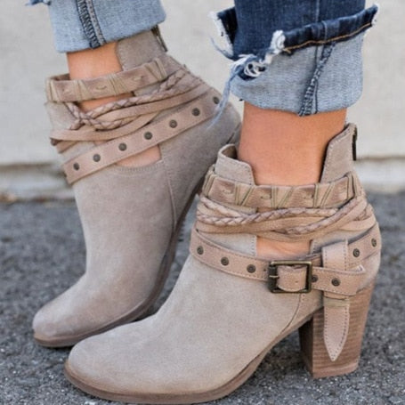 Suede Leather Buckle High-Heeled Zipper Boots