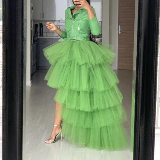 Hi-Low Tiered Tulle Ruffle Zipper Waistline Skirt