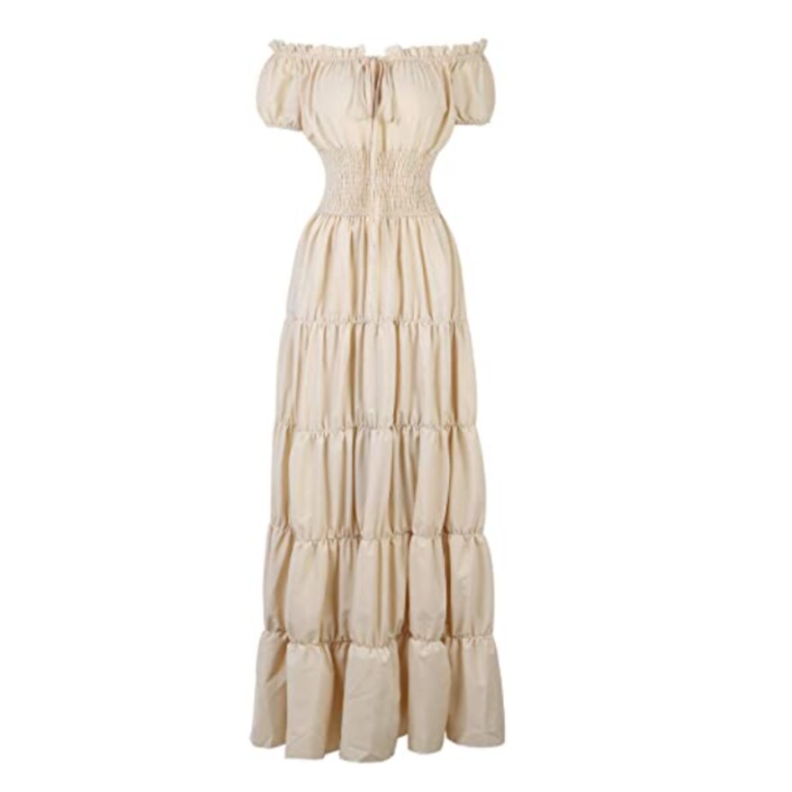 Petticoat Short Sleeves Off Shoulder Smocked Waist Retro Pleated Maxi Dress