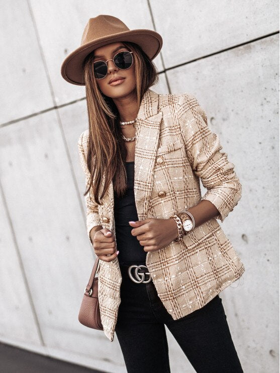 Plaid Button Long Sleeve Double Breasted Blazer