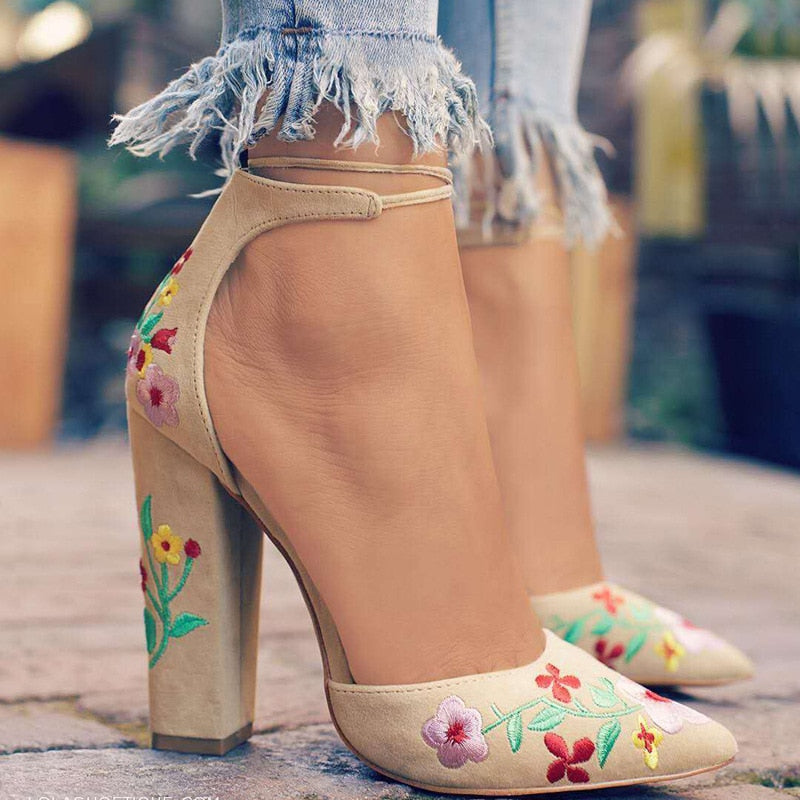 High Heels Embroidery Flower Ankle Strap Shoes