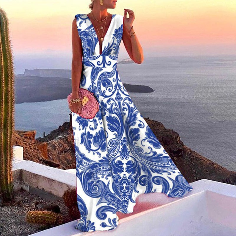 V-Neck Retro Printed Sleeveless Maxi Dress