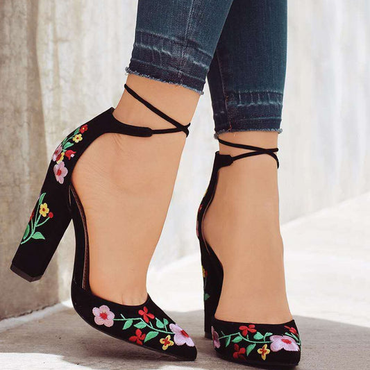 High Heels Embroidery Flower Ankle Strap Shoes