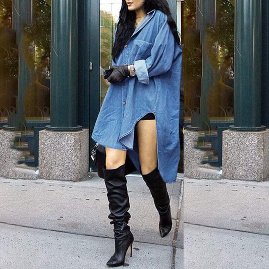 Long Sleeve Denim Lapel Button Down Irregular Long Blouse Dress