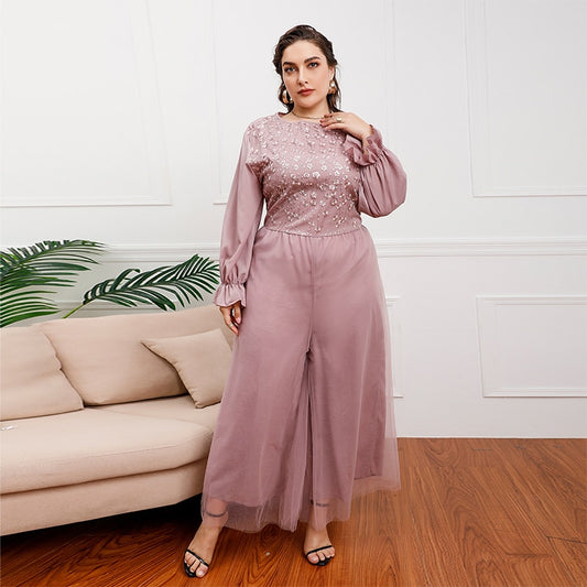 Embroidered Leaf Cuffs Elegant Jumpsuit