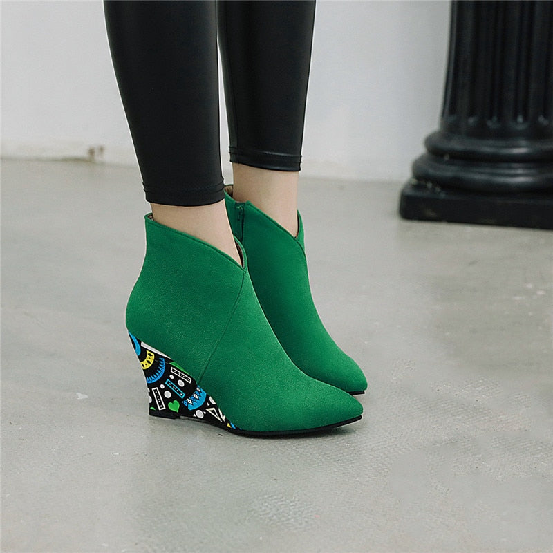 Suede Wedge Heel Ankle Pointed Toe Boots