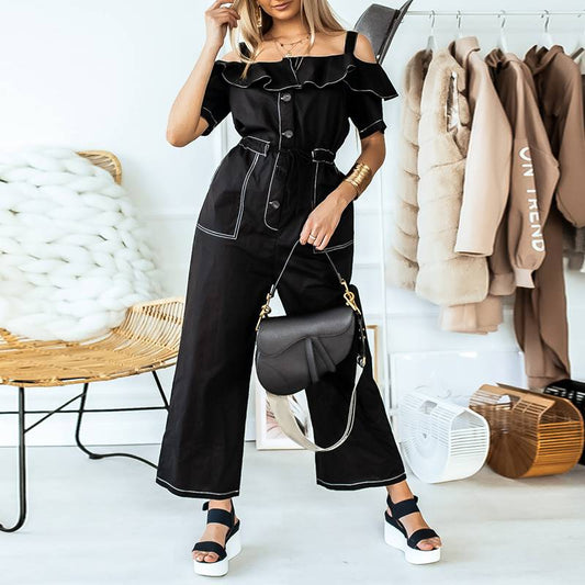 Off-Shoulder Straps Casual Daily Cargo Ruffles Jumpsuit