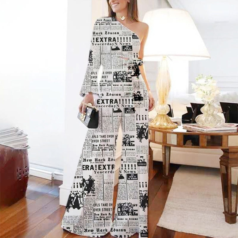 Printed Vintage Two Piece Casual One Shoulder Blouse And Flared Pants Set