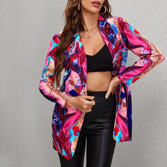 Lapel Print Long Sleeves Suit Jacket