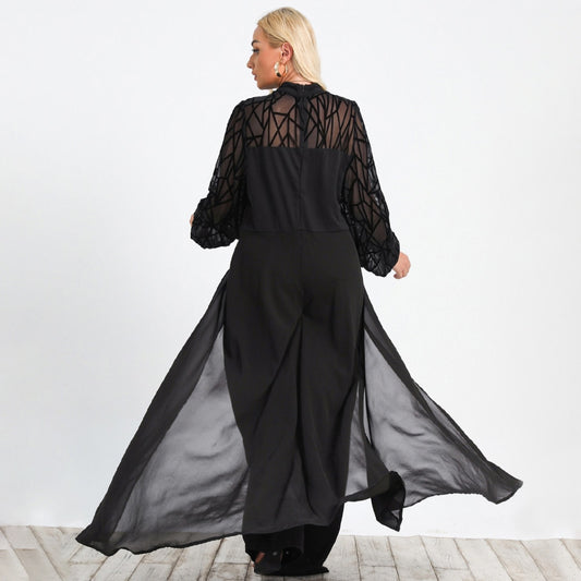 High Waist Mesh Yoke Wide Leg Black Lantern Sleeve  Jumpsuit