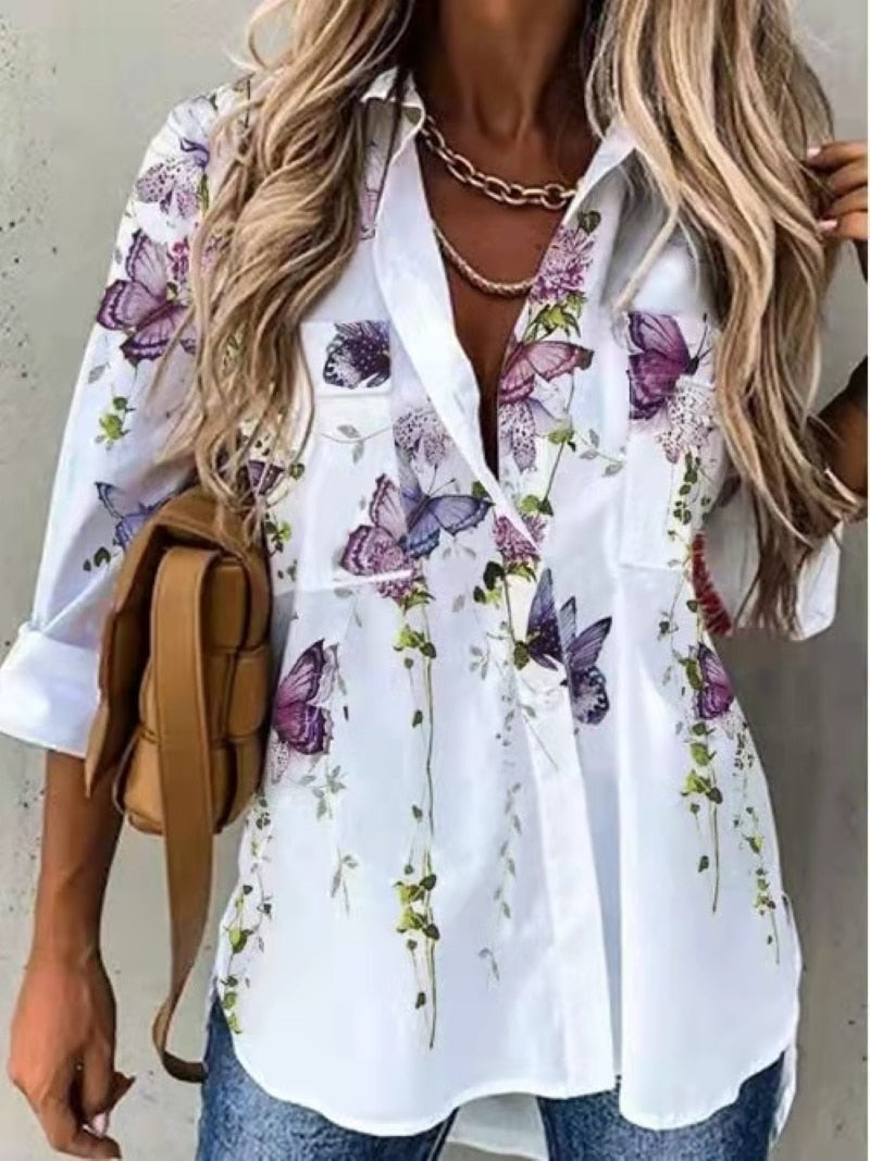 Long-sleeved Casual Loose Button Down Blouse