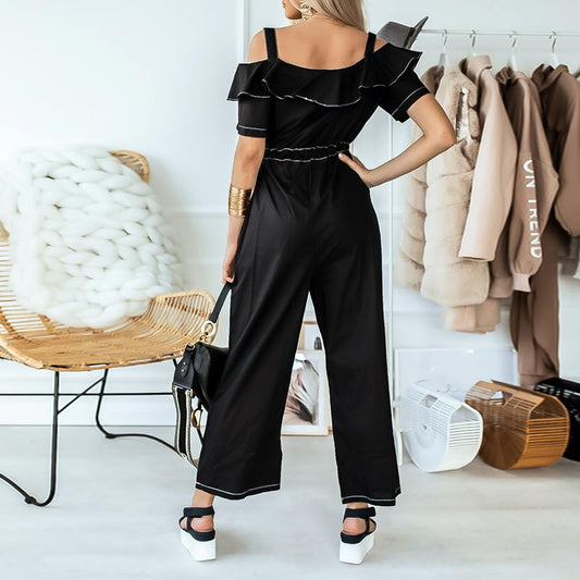 Off-Shoulder Straps Casual Daily Cargo Ruffles Jumpsuit