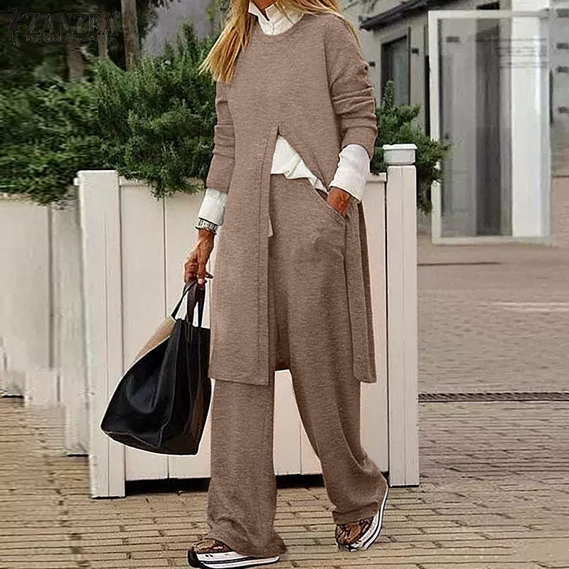 Casual Matching Long Sleeve Blouse And Wide Leg Trouser Pant Set