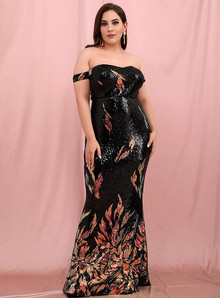 Print Sequins Fishtail Off-Shoulder Maxi Dress