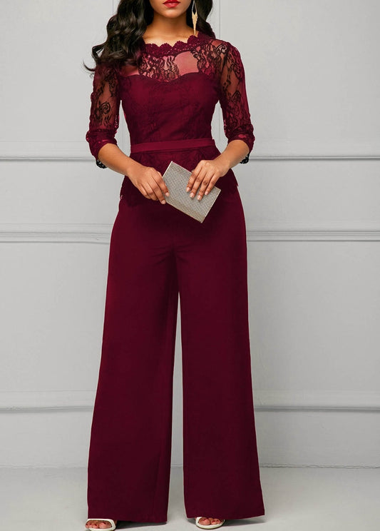 Long Sleeve Lace Wide Leg Pants Romper