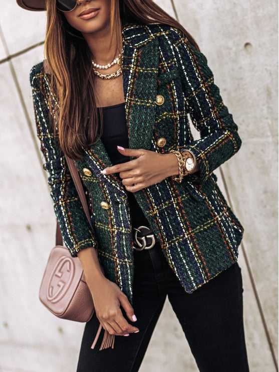 Plaid Button Long Sleeve Double Breasted Blazer