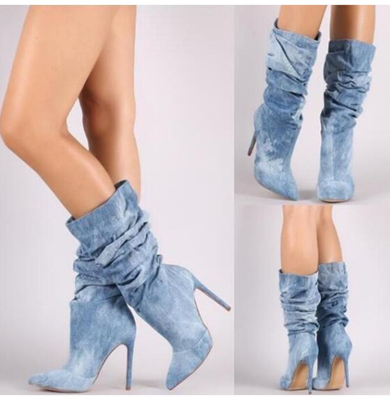 Mid Calf Pleated Pointed Toe Thin High Heel Boots