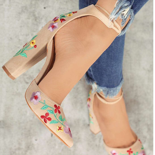 High Heels Embroidery Flower Ankle Strap Shoes