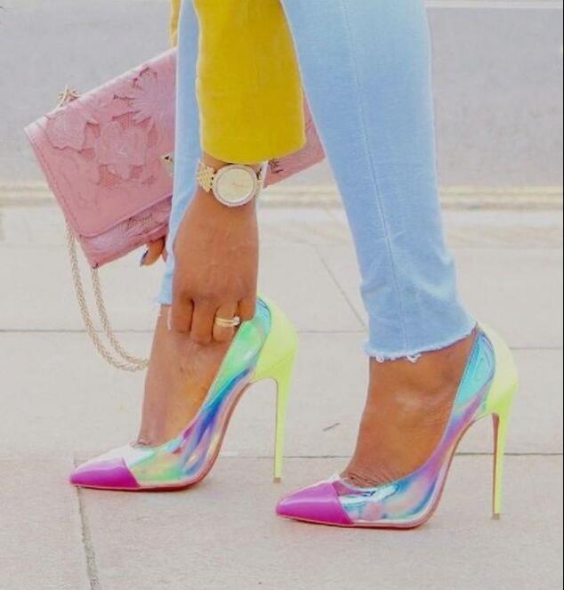 Iridescent Pointed Toe Patent Leather Stiletto Neon Yellow Heels Pumps