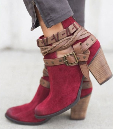 Suede Leather Buckle High-Heeled Zipper Boots
