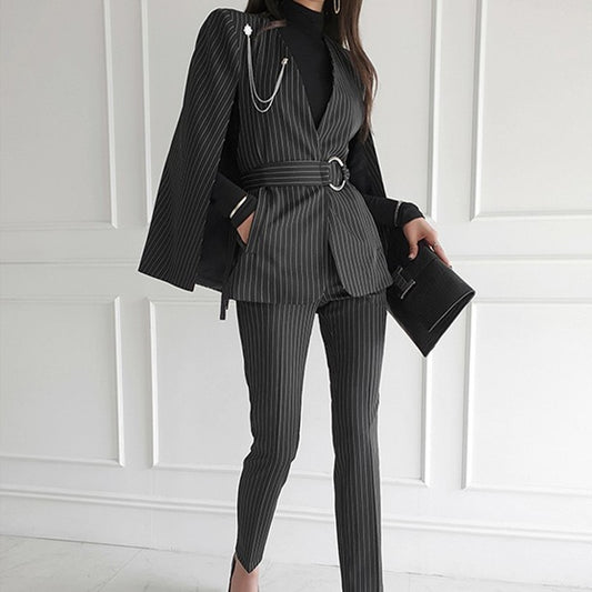 V Neck Stripe Shawl Cloak Sleeve Blazer & Full Length Pants Suit