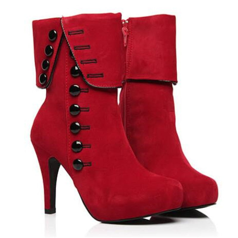 Ankle High Heel Flock Buckle Boots