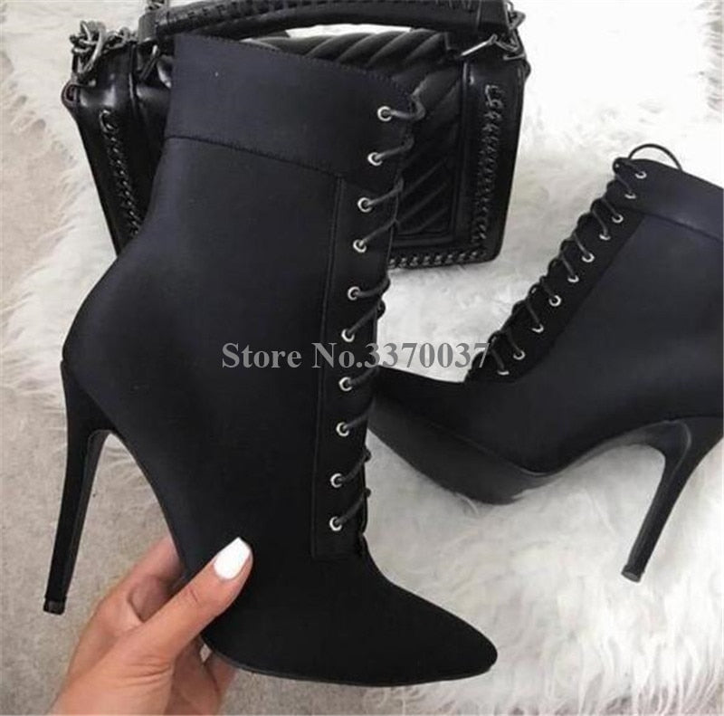 Pointed Toe Suede Leather Stiletto Heel ShortLace-up High Heel Ankle Boots