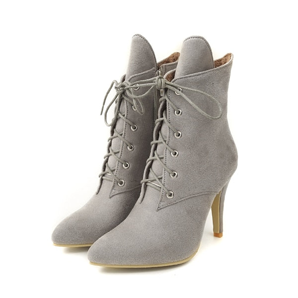 High Heel Fashion Pointed Toe Lace Up Ankle Boots