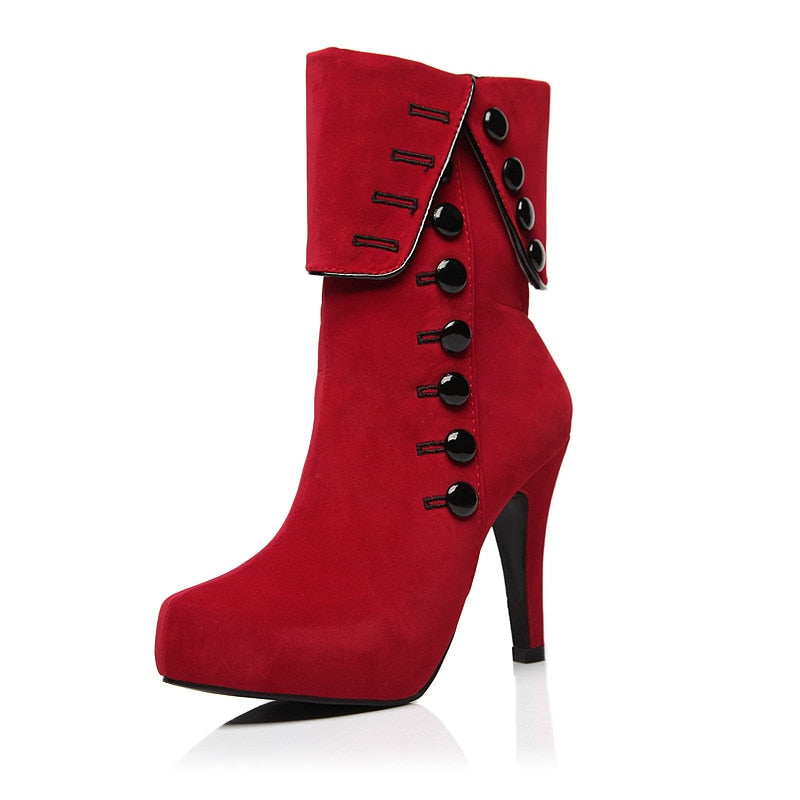 Ankle High Heel Flock Buckle Boots