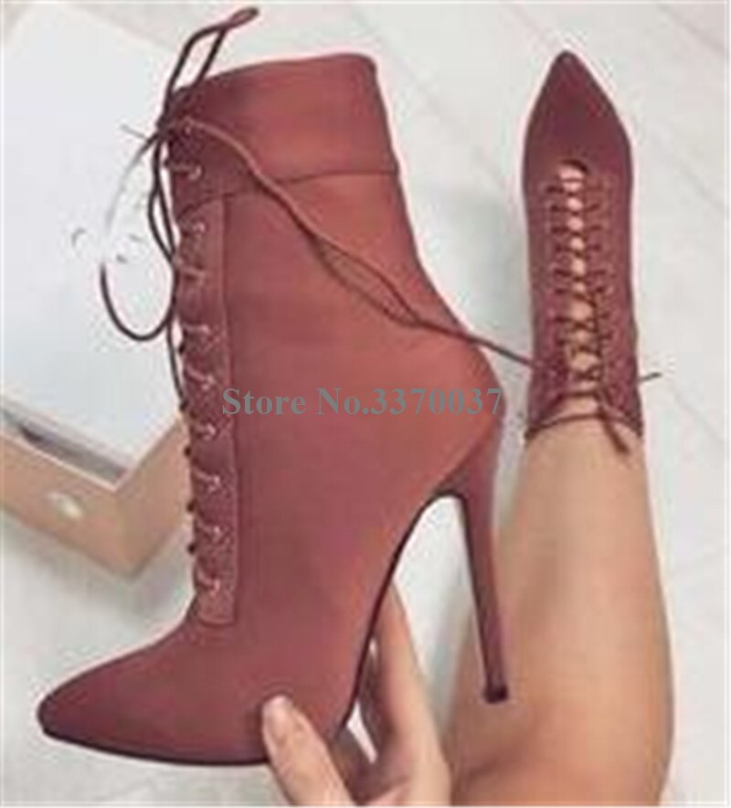 Pointed Toe Suede Leather Stiletto Heel ShortLace-up High Heel Ankle Boots